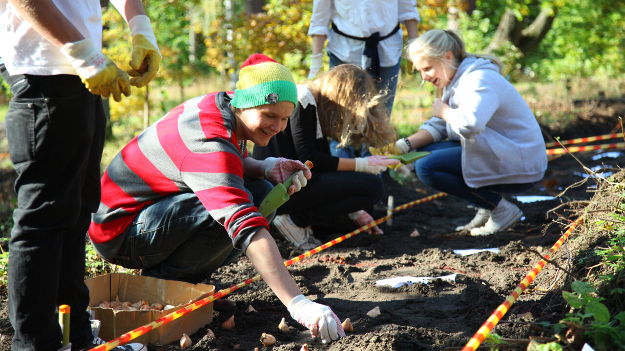 Kauniaissa toteutettiin osallistava taideprojekti Rytmi, joka kutsui asukkaat istuttamaan väliaikaisen puiston. Asukkaat istuttamassa kukkasipuleita.